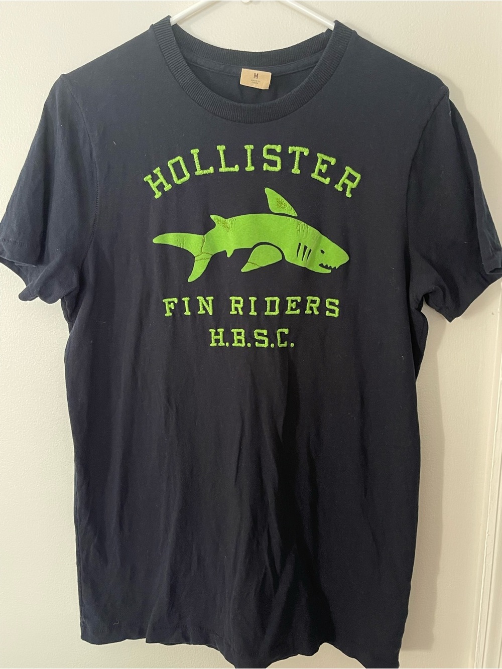 Hollister Navy Short Sleeve Tee with Neon Green Shark Graphic